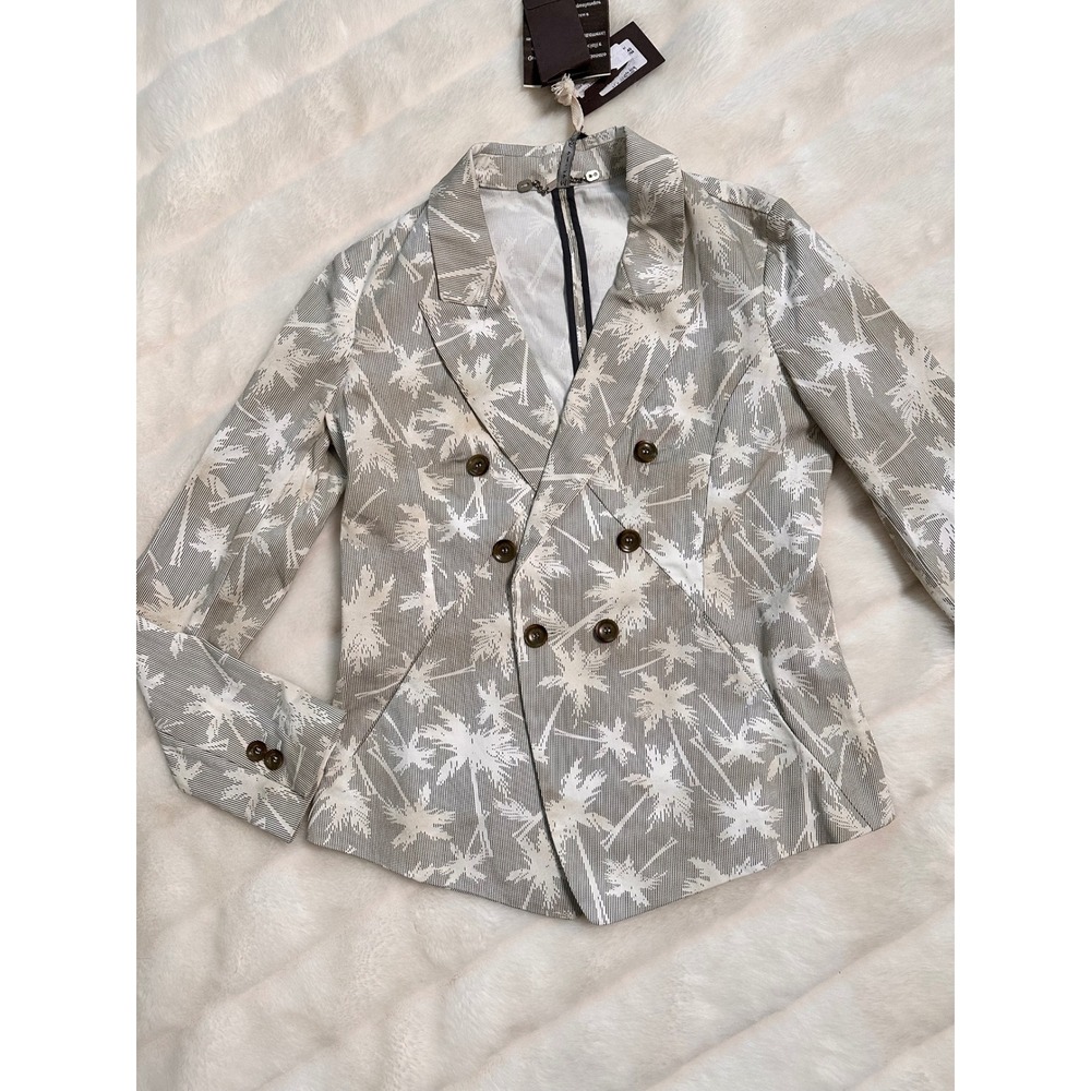 Manila Grace Silver Palm Tree Print Double Breasted Blazer Italy Size 40 US10